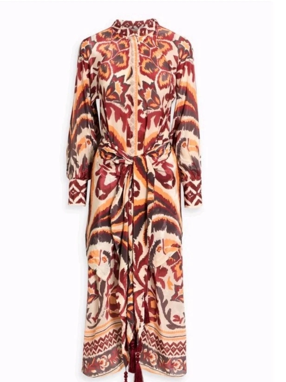 Farm Rio Long Sleeve Tie Midi Dress in Rust Multi